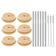 ♣6Pcs Mason Jar Lids With Straw Hole Cup Lid Coffee Mug Jar Glass Cans Wooden Lid Bottle Bamboo w☝