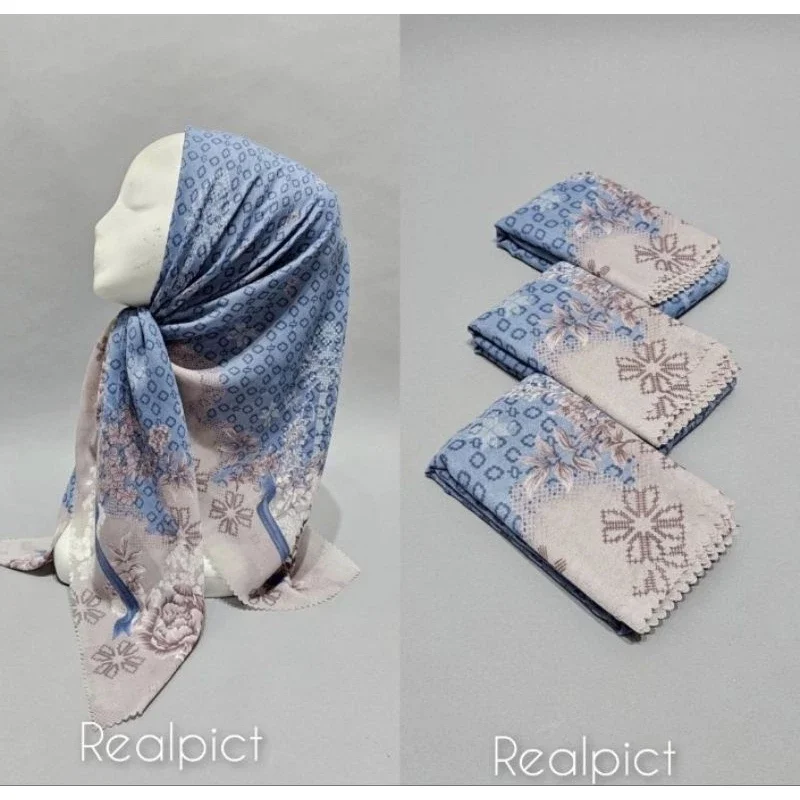 Hijab Segi Empat Voal Motif Kotak Warna Biru Cream Jilbab Kerudung Terbaru