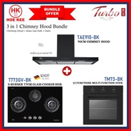 (BUNDLE) TURBO TAE910-BK 90CM CHIMNEY HOOD + TURBO T773GV-BK 3-BURNER GLASS GAS HOB + TURBO TM73-BK 12 FUNC OVEN