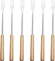 LamChyar Fondue Forks, Stainless Steel Fondue Forks Set of 6, fondue tool Forks with Wooden Handle, Dipping Fork for Chocolate Cheese Fruit