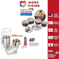 CLS Tableware 17/22Pcs + Double Layer Mug Set Stainless Steel Plate Bowl Cup Camping Outdoor Portabl