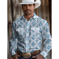 Men's Southwest Aztec Style Denim Shirt-Slim-fit Long-sleeved Button Top Pointed Collar and Chest Po