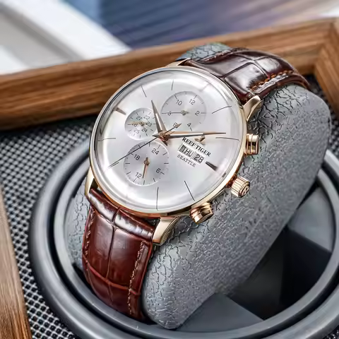 Reef Tiger RT Top Luxury Men's Watch White Dial Multi-Function Mechanical Wristwatch Relogio Masculi