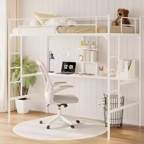 Twin Size Loft Bed, Multifunctional Metal Loft Bed Frame with Ladder and Full Guardrail Loft Bed Twi