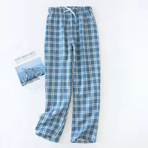 Men's Cotton Gauze Trousers Plaid Knitted Sleep Pants Woman Pajamas Pants Bottoms Sleepwear Short fo