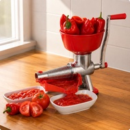 Hand Crank Juicer Silver Metal Body Tomato Juicer Kitchen Tool Red Grip Funnel Top