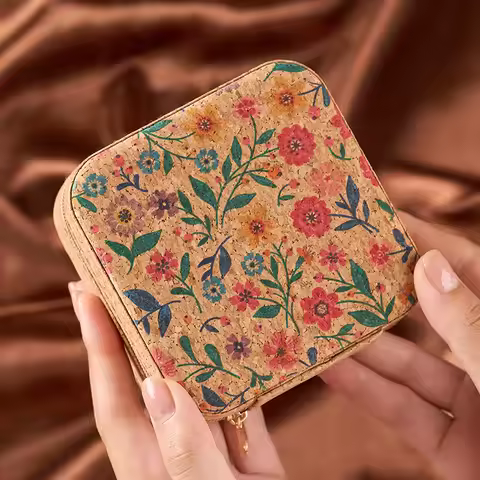 Portable Vintage Cork Leather Jewellery Organiser Rings Earrings Necklaces Square Zipper Organiser S