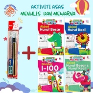 Buku aktiviti PRAsekolah-AKTIVITI ASAS MENULIS DAN MEWARNA BERSETA PENSIL- Buku Mewarna-buku aktiviti-buku latihan