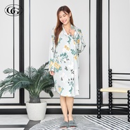 G&G ชุดนอน เดรสกระโปรง คอปก แขนยาว กระดุมหน้า ผ้าซาติน ลายดอกไม้ EN7S001 สีเขียว (GR)