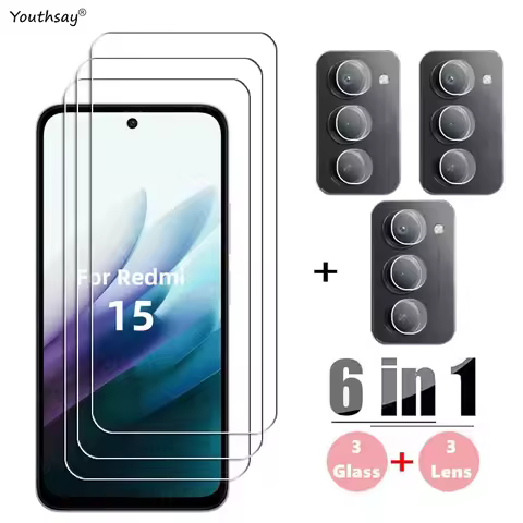 6in1 Full Gule Glass For Xiaomi Redmi 15 Tempered Glass Redmi 15 Screen Protector HD Protective Phon