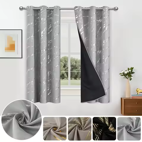 100% Blackout Curtains Luxury Marble Pattern Curtain With Gold Foil Precision Drilling For Home Deco