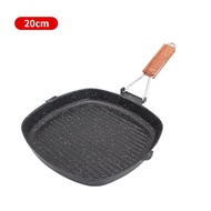 Fypo Grill Pan 20/24/28cm Square Skillet Maifan Stone Steak Beef Frying Pot Non-stick Wok with Folding Wood Handle BBQ Roasting Griddle Pan Kitchen Cookware for All Stoves