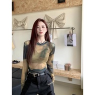 y2k y2k Women's Clothing Translucent Tops Hot Girls Retro Tie-Dye Long-Sleeved Mesh Sunscreen Blouse