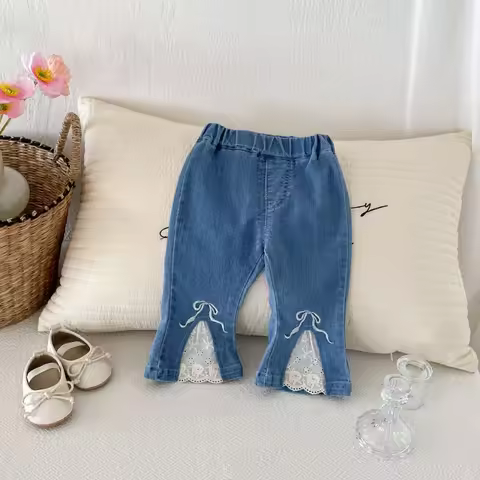 Kids Girls Bell-bottoms Denim Trouser Fashion Lace Jeans Children's Girl Flared Pants for Children's