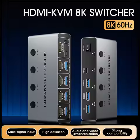 USB 3.0 8K@60Hz HDMI Aluminum KVM Switches KVM Switch 4 Computers 1 Monitor 4 PCs Share Keyboard Mou