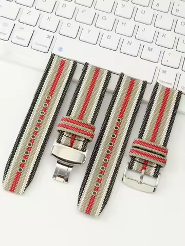 For Burberry Bu7600 7601 7602 Fold Buckle Nylon Canvas Watch Strap Stripe Men's 22mm Genuine Leather