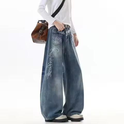 New Men's Retro Floral Embroidered Curved Denim Pants American Casual Streetwear Baggy Y2K Jeans Har