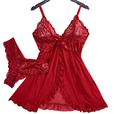 Red Lingerie Women's Underwear Sleepwear Lace Nightdress And Panty Pijamas Sets Female Nighty