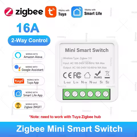 Tuya ZigBee Smart Mini Smart Light Switch 2 Way Control Breaker Relay 16A Smart Life APP Voice Contr