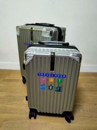 2 piece set 25kg LARGE + CABIN SIZE dark silver grey color suitcase, ALL NEW expandable baggage, combination lock, removable 4 double 360 spinner wheels, trolley handle lightweight luggage material. delsey style secure zipper. price not negotiable.