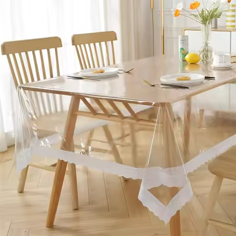 1pc Transparent Table Cloth, PVC Oil-proof Tabletop Protection, Waterproof Washable Lace Table Cover
