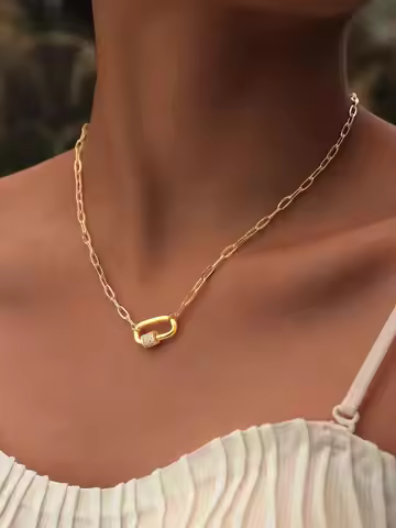 Pave Zircon Pin Pendant Neckalce for Women, Adjustable Stainless Steel Paperclip Chain Wholesale Jew