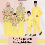 Baju Raya Sedondon Tema Warna Soft Yellow (Kuning Cair) Set Family Ayah Ibu Anak Baju Kurung Baju Me