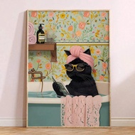Aesthetic Bathtub Eclectic Wall Decor Colorful Trendy Black Cat Poster Funny Canvas Painting for Liv