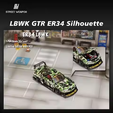 SW In Stock 1:64 LBWK GTR ER34 Silhouette Camouflage Opened Hood Diecast Diorama Car Model Collectio