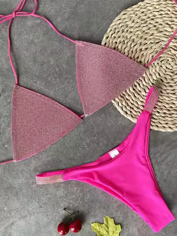Shiny Sequins Diamond Micro Bikini 2025 Women Swimsuit Female Halter Swimwear Two Pieces Bikini Set 