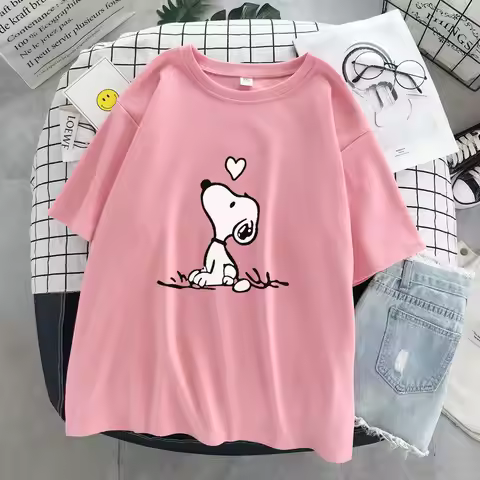 2026 New Snoopy Cartoon Anime Women T-shirt Summer Short Sleeve White Cotton Men Tee Shirts Tops Fas