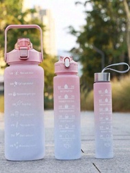 1入組2000ml/750ml/280ml大容量粉色漸變PC水瓶，貼紙運動健身攜帶式吸管杯，適用於家庭和旅行戶外使用