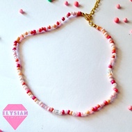 Necklace - K-417 - choker beads - mix color pink and white