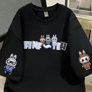 【Plus Size M-8XL】Men's T-shirt Fashion Trend Round Neck T-shirt Cartoon Labubu Simple Letters Print 