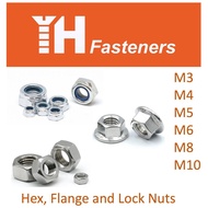 (10 pcs) M3 M4 M5 M6 M8 M10 Hexagon, Flange & Lock Nut, DIN 934, 6923 & 985 Stainless Steel AISI 304