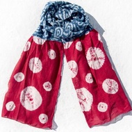 藍染絲巾/蠟染扎染絲巾/植物染圍巾/indigo木刻印絲巾-紅色泡泡