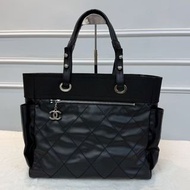 Chanel香奈兒 黑銀塗層帆布山羊皮手柄Tote Bag托特包 大號購物袋手提包