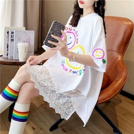 Ready Stock Mid-Length Lace Stitching T-Shirt Women Short-Sleeved Top Korean Version ins Trendy Large Size Loose Design