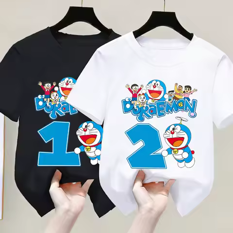 Doraemon Birthday Number T-shirt Children Tee Top Anime Round Collar Clothing Black White Summer Sho