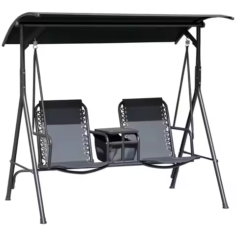 2Seat Patio Swing Chair, Outdoor Canopy Swing Glider with Pivot Storage Table, Cup Holder, Adjustabl