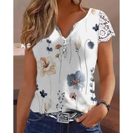 Korean Style Women Floral Print Notch Neck Summer Casual Lace Patch Tee Top Ruffle Short Sleeve T-Shirt Work Woman Clothes