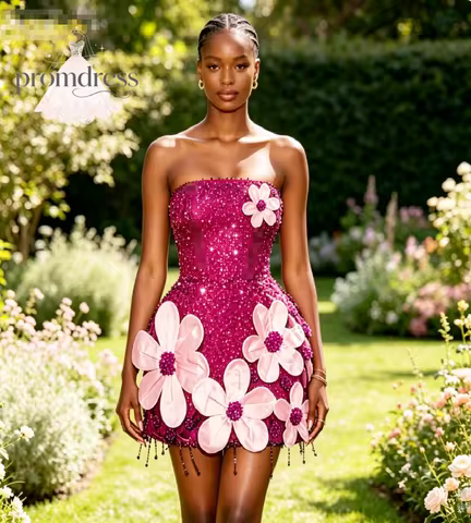 Glam 3D Flower Mini Cocktail Prom Dresses Sparkly Sequin Aso Ebi Short Evening Gowns 2026 Beaded Fri