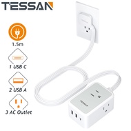 【ส่งไวจากไทย】TESSAN สีดำ ขาว รางปลั๊กไฟ 3 ช่อง USB-C ปลั๊กไฟ 1.5 เมตร 3.0 เมตร ปลั๊กสามตาแบน 2200W 10A [TS-1021-C]