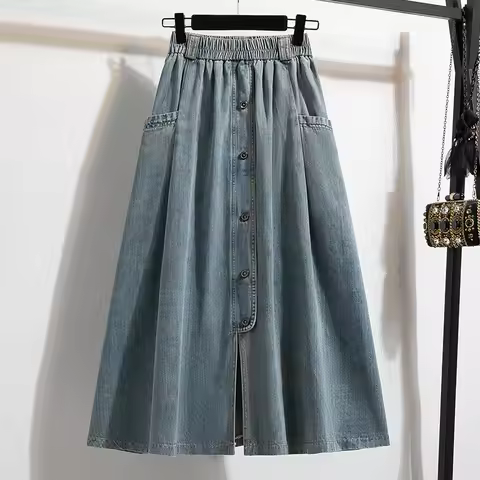 Korean Fashion 2025 New Summer Cowboy Skirt Women Casual Wild Loose High Waisted Mid Lengthsplit Den