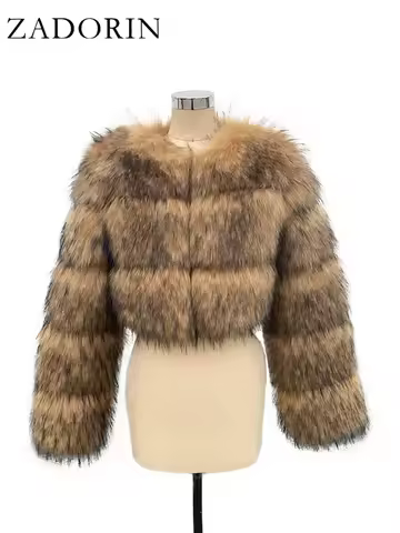 ZADORIN High Quality Cropped Faux Raccoon Fur Coat Women Winter Fashion O Neck Long Sleeve Fluffy Sh