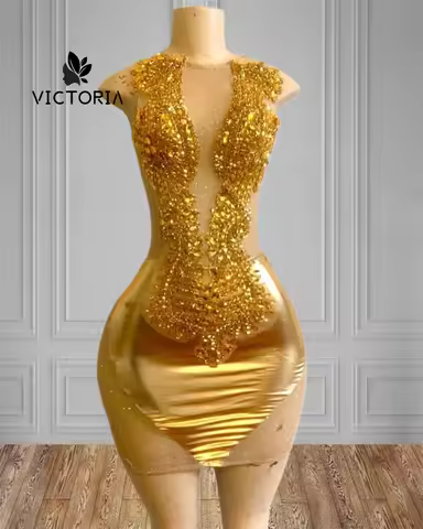 Sparkle Golden Crystal Rhinestone Crystal Mermaid Prom Dress Black Girl See Thru Birthday Dress Luxu