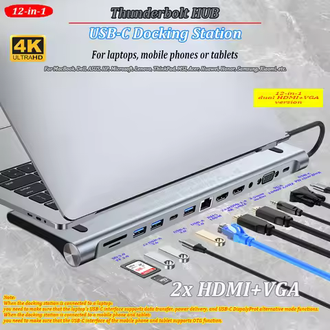 11/12-in-1 Type C Dock USB C Hub 3.0 Splitter Multiport Adapter 4K RJ45 SD/TF VGA HDMI-compatible La