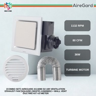 AireGard AS-6090 D2 Air Ventilation Exhaust Fan Square - White + 4M Wall Vent Ducting Kit AS6090D2