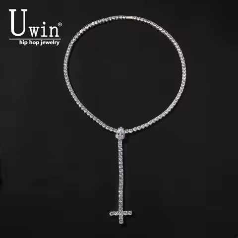 Uwin Water Drip Necklace For Women 4mm Tennis Chain With Cross Pendant Iced Out Cubic Zirconia Hip H