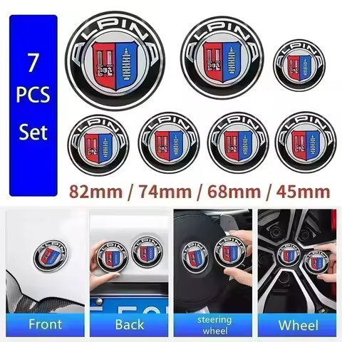7pcs Front Hood Emblem Car Logo 82mm Rear Badge 74mm Wheel Hub Cap 68mm Decoration Cover Styling for